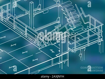 Building. Metal constructions. Volumetric constructions. 3D design. Abstract backgrounds. Blue background Stock Vector