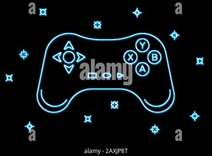 Neon game sign on black background. Blue light arrow cursor icon. Retro night 80s neon gaming style. Controller keys with direction cross on and off b Stock Vector