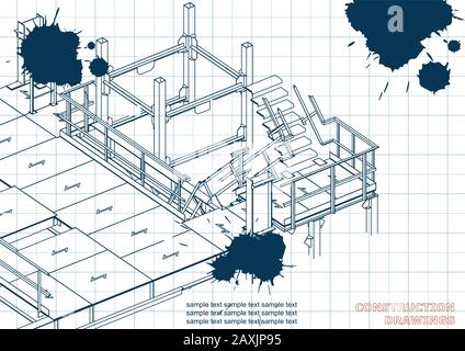 Building. Metal constructions. Volumetric constructions. 3D design. Abstract backgrounds. Cover. Draft. Ink. Blots Stock Vector