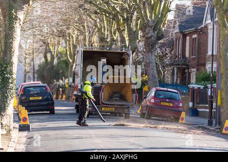 Southend on Sea, Essex, UK. 12th Feb, 2020. Local agencies are taking the chance as the wind drops to clear up after the destructive winds of storm Ciara. Workers are clearing roads of debris from damaged trees Stock Photo