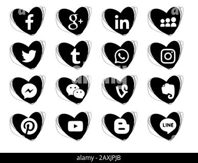 Hearts doodles icons. Black. Collection of popular social media icons on a white background Facebook, Instagram, Linkedin, Pinterest, Twitter, Line. 1 Stock Vector