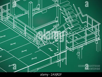 Building. Metal constructions. Volumetric constructions. 3D design. Abstract backgrounds. Light green background Stock Vector