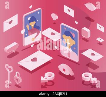 Dating application banner template. Isometric vector illustration of smiling man and woman profiles surrounded love and communication signs, hearts, keys, letters, chat bubbles, male and female signs. Stock Vector