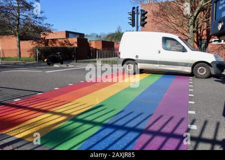 The rainbow painted LBGTQ supporting pedestrian crossing outside woodside high school haringey wood green london UK Stock Photo