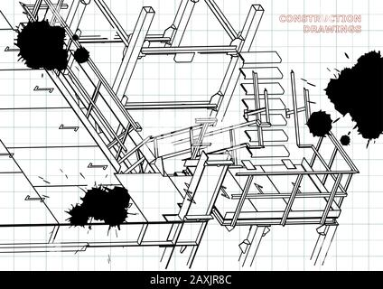 Building. Metal constructions. Volumetric constructions. 3D design. Abstract background. Draft. Black Ink. Blots Stock Vector