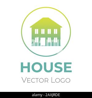 House logo vector design template. Logotype with building in circle and typography isolated on white background. Home selling company interior design, construction company minimalistic symbol. Stock Vector