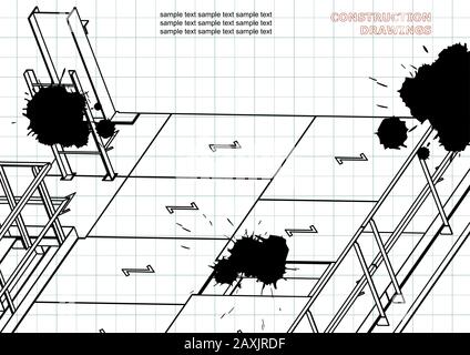 Building. Metal constructions. Volumetric constructions. 3D design. Draft. Black Ink. Blots Stock Vector