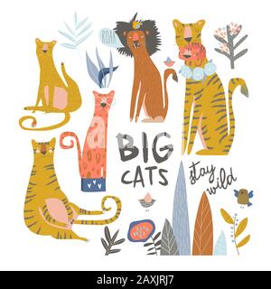 Set of cartoon wild cats. Lion,tiger,leopard with exotic flowers Stock Vector
