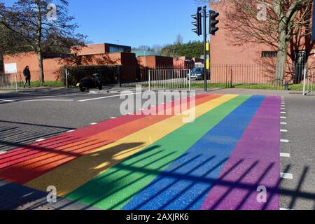 The rainbow painted LBGTQ supporting pedestrian crossing outside woodside high school haringey wood green london UK Stock Photo