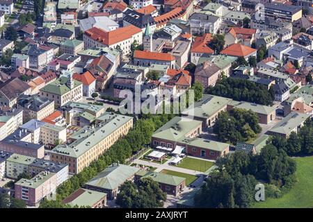 View from the gondola of the cableway Predigtstuhl to the Old Town, old salt works and the old Town Hall of Bad Reichenhall, Berchtesgadener Land, Upp Stock Photo