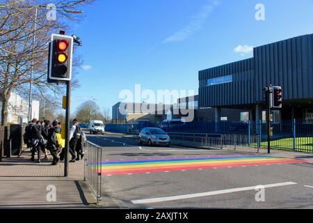 The rainbow painted LBGTQ supporting pedestrian crossing outside woodside high school haringey wood green london UK Stock Photo