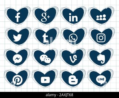 Collection of popular social media icons. 16 pieces. Hearts doodles icons. Drawing on the notebook sheet Stock Vector