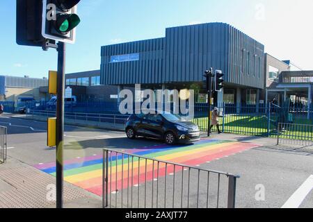 The rainbow painted LBGTQ supporting pedestrian crossing outside woodside high school haringey wood green london UK Stock Photo