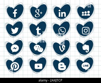 Collection of popular social media icons on a white background. 16 pieces. Hearts doodles icons. Drawing on the notebook sheet Stock Vector