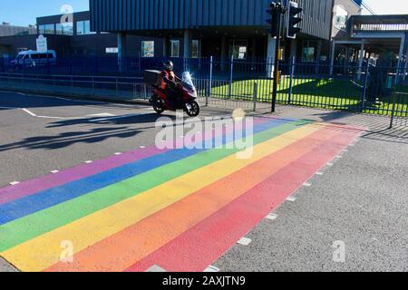 The rainbow painted LBGTQ supporting pedestrian crossing outside woodside high school haringey wood green london UK Stock Photo