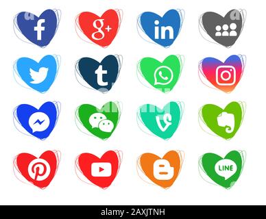 Hearts doodles color icons. Collection of popular social media icons on a white background Facebook, Instagram, Linkedin, Pinterest, Twitter, Line. 16 Stock Vector