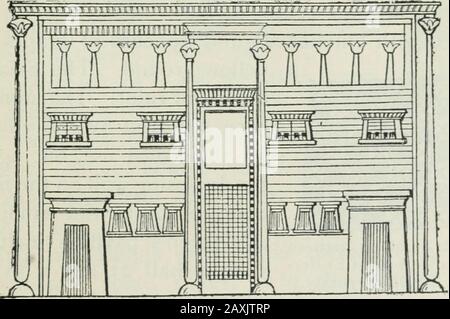 Manual of Egyptian archæology and guide to the study of antiquities in EgyptFor the use of students and travellers . Fig. 18.—Frontage of house, second Theban period. times decorated with geometric patterns (fig. 21),parti-coloured squares (fig. 22), or other conventional. Fig. 19.—Frontage of house, second Theban period. designs very similar to tho^e in the tomb ceilings(fig- 23). 20 ARCHITECTURE—CIVIL AND MILITARY Stock Photo