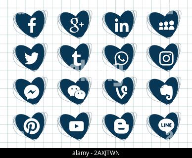 Hearts doodles icons. Collection of popular social media icons on a white background Facebook, Instagram, Linkedin, Pinterest, Twitter, Line. 16 piece Stock Vector