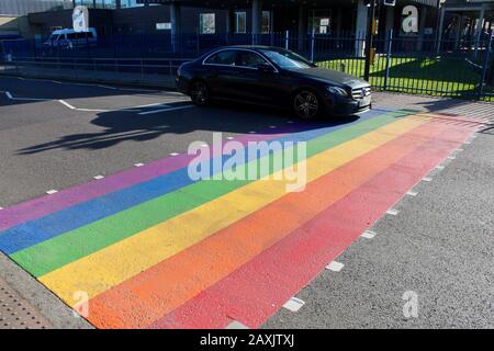 The rainbow painted LBGTQ supporting pedestrian crossing outside woodside high school haringey wood green london UK Stock Photo