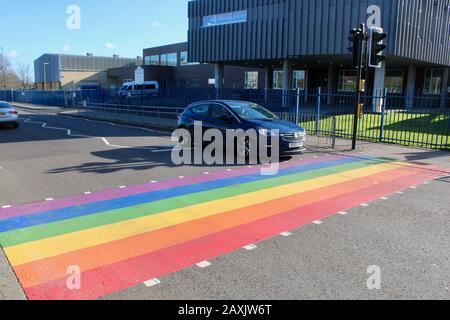 The rainbow painted LBGTQ supporting pedestrian crossing outside woodside high school haringey wood green london UK Stock Photo