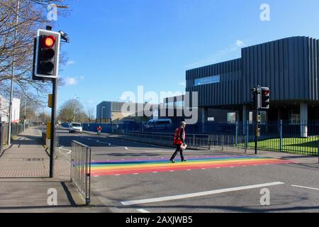 The rainbow painted LBGTQ supporting pedestrian crossing outside woodside high school haringey wood green london UK Stock Photo