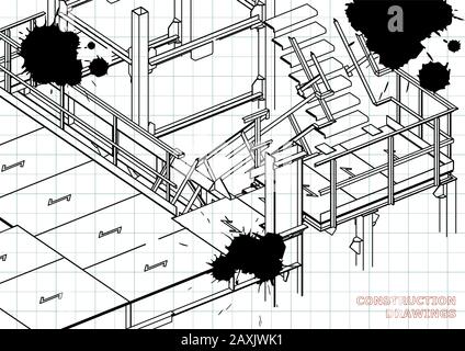 Building. Metal constructions. Volumetric constructions. 3D design. Abstract backgrounds. Draft. Black Ink. Blots Stock Vector