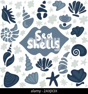 Shell collection - vector cartoon silhouette illustration. Set of various blue and grey sea shells and starfish. Tropical sea shell flat icons set. Stock Vector