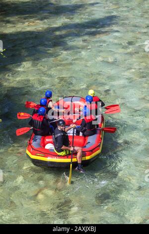 Rafting on the Berchtesgadener Ache at Marktschellenberg, Berchtesgadener Land, Upper Bavaria, Bavaria, southern Germany, Germany, Europe Stock Photo