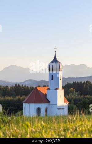 Chapel with mountain in background, Penzberg, Weilheim-Schongau ...