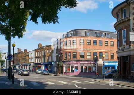 Stoke Newington Church Street, North London UK, with cafes and shops Stock Photo