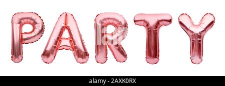 Pink golden word PARTY made of inflatable balloons isolated on white background. Rose gold foil balloon letters. Celebration concept. Stock Photo