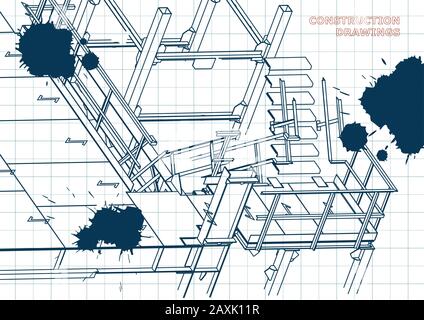 Building. Metal constructions. Volumetric constructions. 3D design. Abstract background. Draft. Ink. Blots Stock Vector