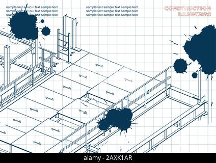 Building. Metal constructions. Volumetric constructions. 3D design. Abstract. Draft. Ink. Blots Stock Vector