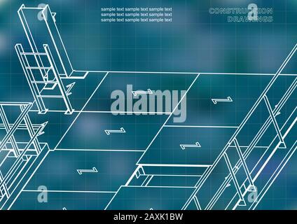 Building. Metal constructions. Volumetric constructions. 3D design. Blue background. Grid Stock Vector