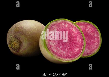 Watermelon radish closeup isolated on black background Stock Photo