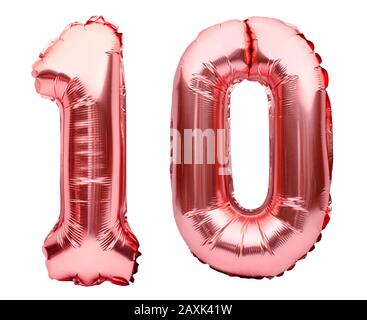 Number 10 ten made of rose golden inflatable balloons isolated on white. Helium balloons, pink foil numbers. Party decoration, anniversary sign for Stock Photo