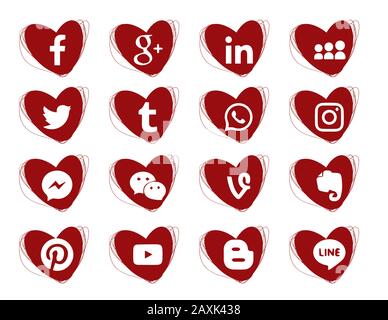 Hearts doodles icons. Red. Collection of popular social media icons on a white background Facebook, Instagram, Linkedin, Pinterest, Twitter, Line. 16 Stock Vector