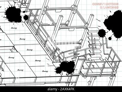 Building. Metal constructions. Volumetric constructions. 3D. Draft. Black Ink. Blots Stock Vector