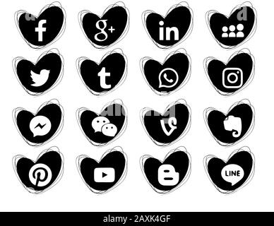 Collection of popular social media icons on a white background. 16 pieces. Hearts doodles icons. Black color Stock Vector