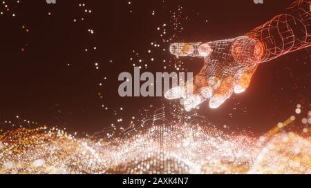 An abstract field of luminous dots and a luminous robot arm. The concept of new technologies. 3D rendering Stock Photo