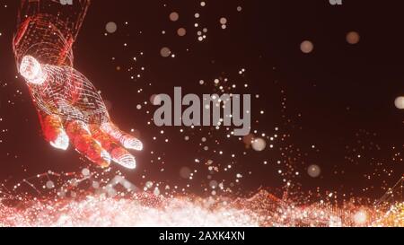 An abstract field of luminous dots and a luminous robot arm. The concept of new technologies. 3D rendering Stock Photo