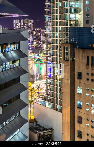 Australia, Brisbane, city view, skyscrapers, facades by night Stock Photo