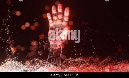 An abstract field of luminous dots and a luminous robot arm. The concept of new technologies. 3D rendering Stock Photo