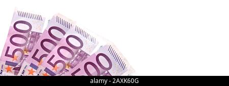 500 euros pink banknotes isolated on white panoramic background, cash money concept web banner Stock Photo