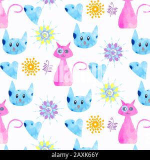 Abstract watercolor cats seamless pattern. It is located in swatch menu, vector image Stock Vector