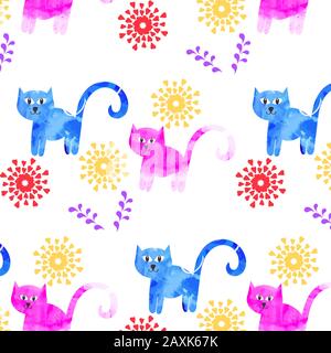 Abstract colroful cats seamless pattern. It is located in swatch menu, vector illustration. Mixed media design Stock Vector