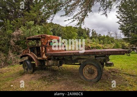 WW2 British truck wreck, trail near Swing Bridge at Buller River, near  Murchison, Tasman District, South Island, New Zealand Stock Photo