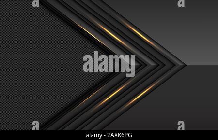 Abstract dark grey gold light metallic arrow direction with circle mesh pattern blank space design modern luxury futuristic technology background vect Stock Vector