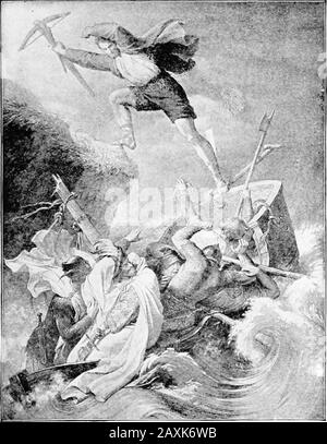 Stepping stones to literature : a reader for sixth grades . torm, and tookadvantage of his knowledge of the lake to weather itsfury, till, by degrees, he approached the bank -at a spotwhere the mountains leave a small promontory for man tosave himself from the fury of the waves. The courageof the passengers now revived. They already thoughtthemselves secure. But as TeU approached the shore, having conductedthe bark to the spot he wished, he seized the rock withone hand; with the other he pushed back the vessel, andleft the affrighted tyrant with his dismayed companionsin a situation little sho Stock Photo