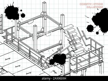 Building. Metal constructions. Volumetric constructions. Draft. Black Ink. Blots Stock Vector